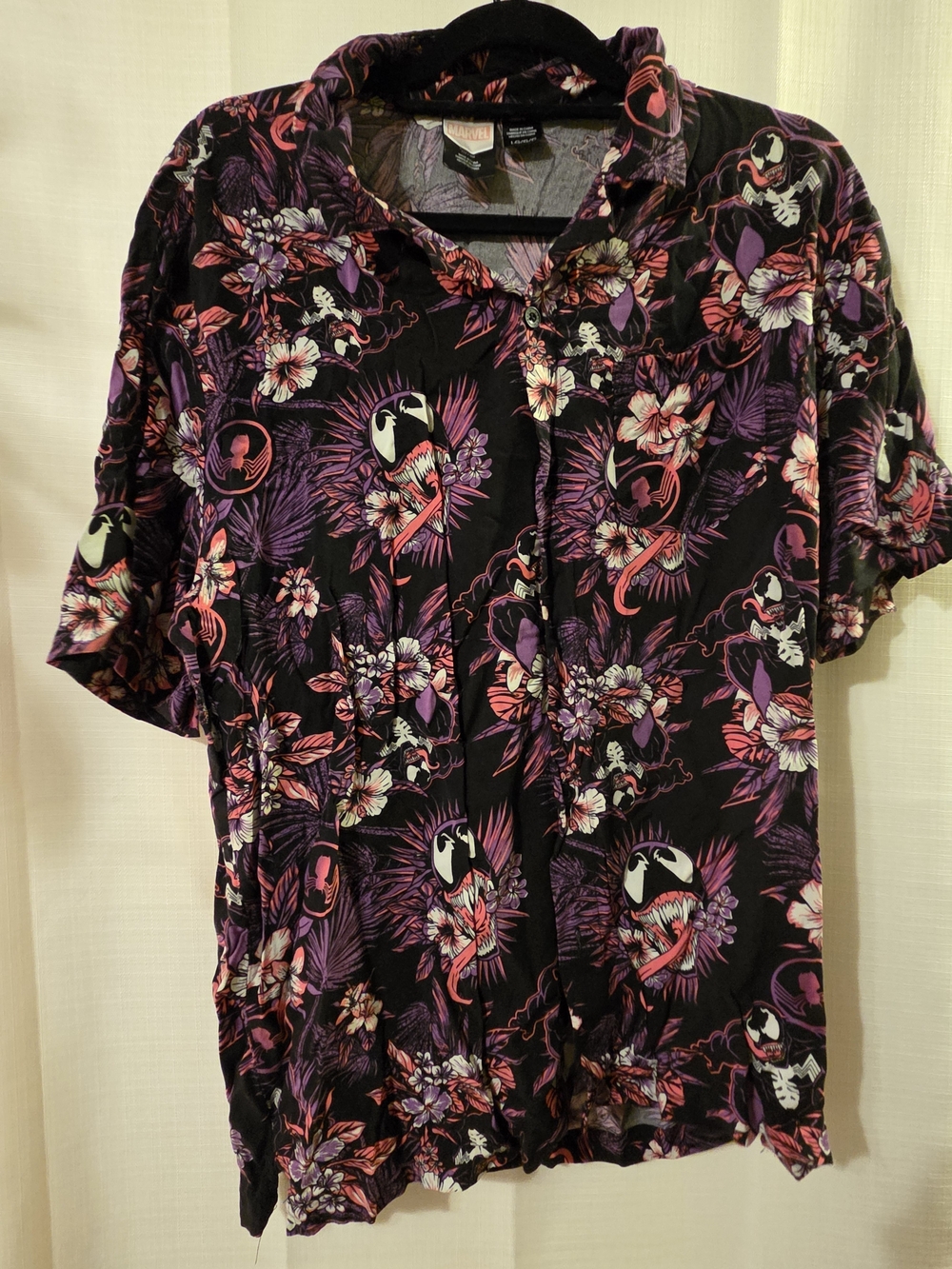Marvel Black Button-Down Shirt with Purple & Pink Floral Print